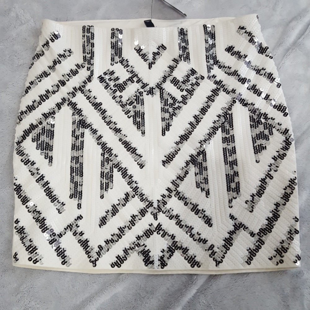 Express White Mini Skirt with Black Sequin Geometric Pattern
